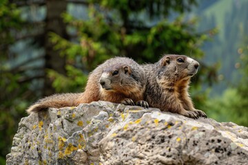 Naklejka na ściany i meble A couple of marmots sunning themselves on a rock