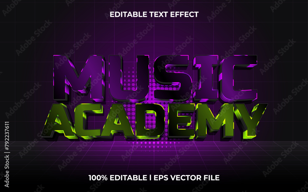 Poster music academy 3d editable vector text effect. glow style text effect.