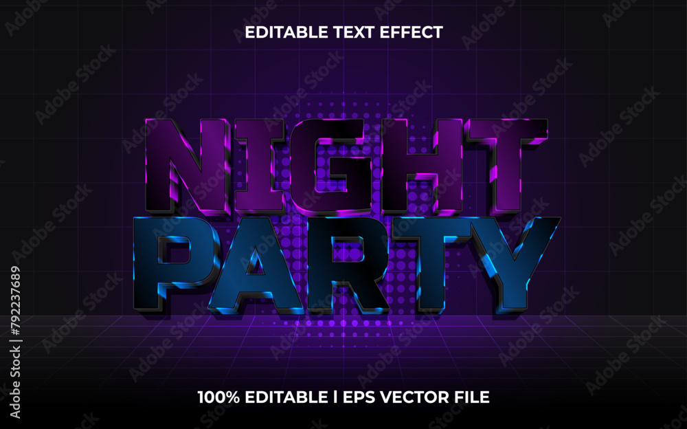 Poster night party 3d editable vector text effect. glow style text effect.