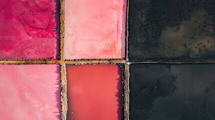 Aerial view of pink and black salt ponds