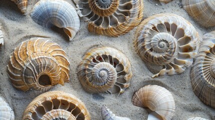 Ancient fossilized shells with natural spiral patterns on a sandy beach