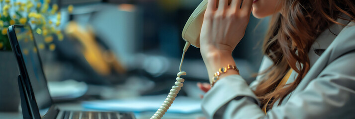 a woman's hand is picking up the phone in an office room