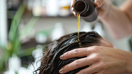 Hair stylist applying natural oil treatment to a clients hair in a salon