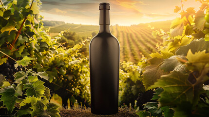 An elegant, matte black wine bottle mockup set against the backdrop of a lush, vibrant vineyard in the golden hour, highlighting the rich heritage. 32k, full ultra hd, high resolution
