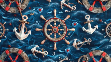 Obraz premium Nautical theme with anchors, wheels, and sailor knots