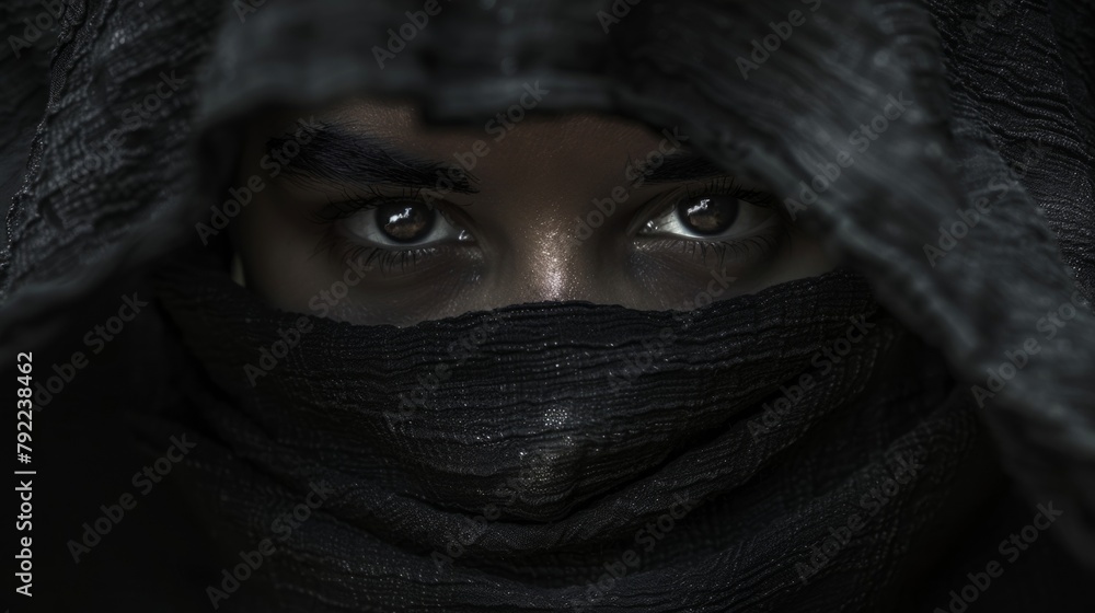 Poster a face is partially hidden behind a veil of darkness allowing only glimpses of its features to be se