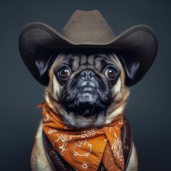 Pug in a cowboy outfit with a hat and bandana - obrazy, fototapety, plakaty