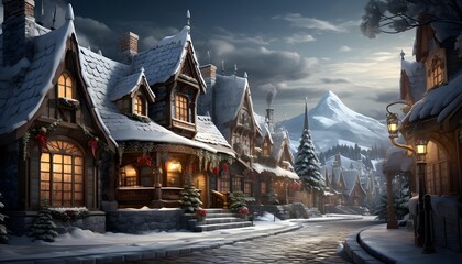 Winter wonderland in the mountains. Panoramic view of the old wooden houses at night.