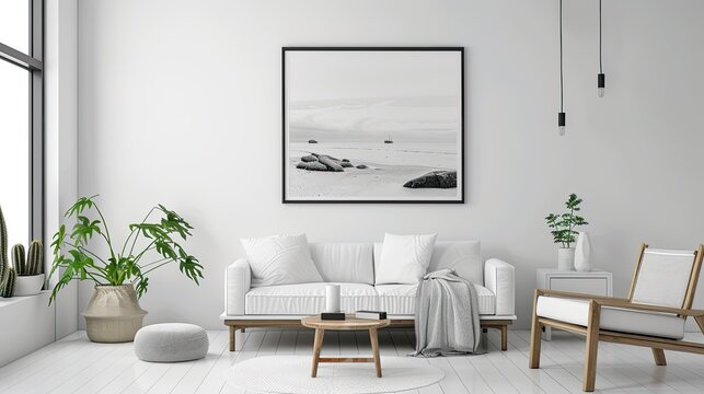 White minimal wall with a single black and white framed photograph