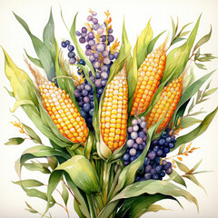 Obraz premium Watercolor Corn, clipart Illustration, Generative Ai