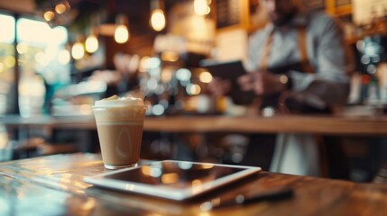The vibrant atmosphere of a defocused urban coffee shop oozes with creativity as a blurred barista expertly prepares a latte in the background while a sharp image of a tablet and pen . - obrazy, fototapety, plakaty