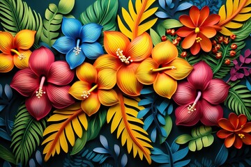 a painting of flowers that are painted in blue, red, and yellow.