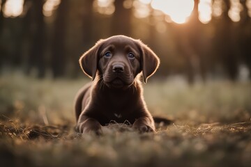 'cute puppy brown labrador lonely dog hunter hunt sad look nice grieved calm retriever obedience stay wait leaves alone eye hunting forest collaborating together friends' - obrazy, fototapety, plakaty