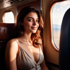 woman sitting inside airplane , commuting commuter passenger flying air travel concept