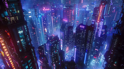 Above the Cyber Glow: Aerial Panorama of a Neon-Infused City