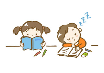 勉強している女の子とうたた寝してしまった男の子の手描きイラスト
