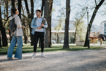 Two young students or friends having a conversation outdoors with books in hand, capturing a moment...