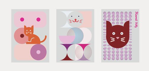 Kawaii Cats vector illustration  Smiling Kitty, cute and round-faced cat