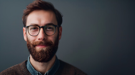Fototapeta premium A close-up portrait of a serious man with a beard and glasses on studio gray background.