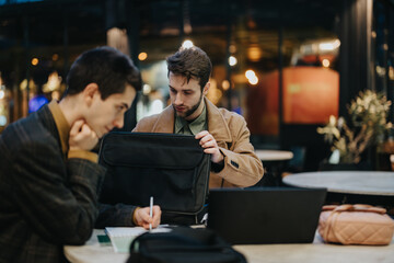 Two focused male business professionals engage in a project discussion at a cafe, strategizing for...