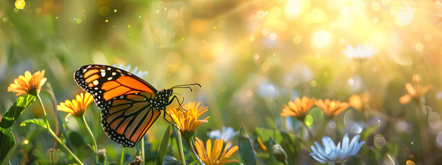 A colorful butterfly flits between flowers in a summer garden
