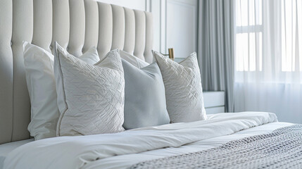 Close up Bed white pillow home interior contemporary bedroom 