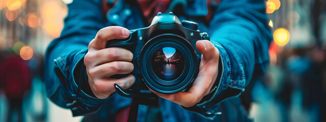 A man photographer holding a digital camera, close up shot. - Powered by Adobe