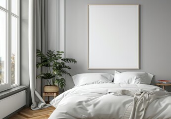 Frame mockup, Empty Picture Frame Mockup in Modern Bedroom with White Bedding, high-resolution (300 DPI)