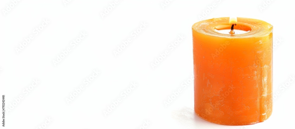 Poster a single candle is placed on a clean white tabletop, casting a soft glow in a serene setting