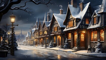 Night winter village. Panoramic image of the old wooden houses.