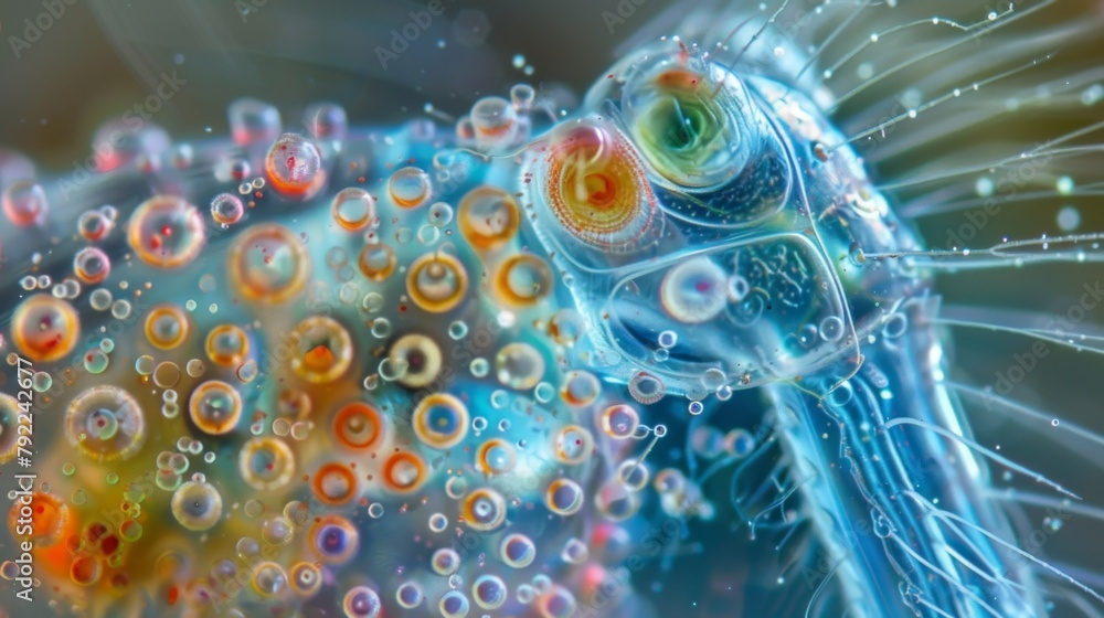 Poster a detailed image of a rotifers feeding apparatus showing its rotating head and cilialike structures 