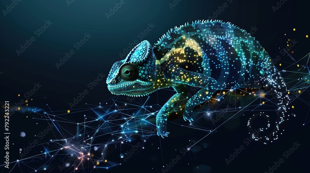 Wall mural digital chameleon in neon colors. big data visualization. information aesthetic design. animal learn