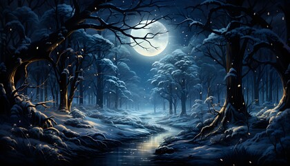 Fantasy winter forest landscape with road, trees and full moon.