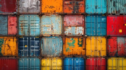 A row of containers with different colors and sizes stacked on top of each other. - obrazy, fototapety, plakaty