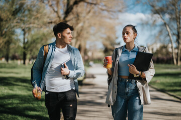 Two high school students walking in a park, deeply engaged in a conversation about their school...