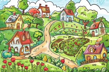 Cartoon cute doodles of charming countryside cottages surrounded by blooming flower gardens, vegetable patches, and fruit orchards, Generative AI