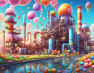 Factory With Floating Balloons. Generative AI