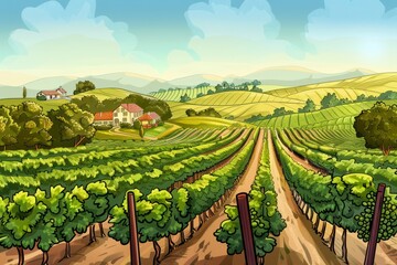 Naklejka premium Cartoon cute doodles of expansive vineyards with rows of grapevines, quaint wineries, and rolling hills in the background, Generative AI