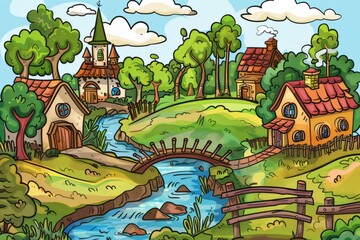 Cartoon cute doodles of idyllic rural settings with babbling brooks, wooden bridges, and cozy cottages, Generative AI