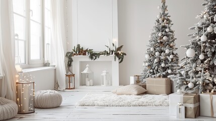 There are two Christmas trees in a bright room. One tree is larger than the other. 