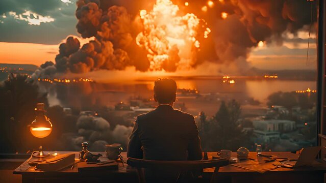 Julius Robert Oppenheimer sits at his desk watching a nuclear explosion. He is often called the "father of the atomic bomb".
