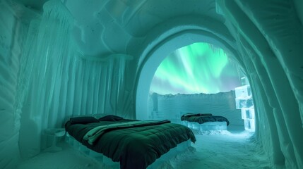 The chilly air of the Antarctic pales in comparison to the warmth and comfort of the cozy sleeping pods in the ice hotel where guests can witness the magical phenomenon 2d flat cartoon.