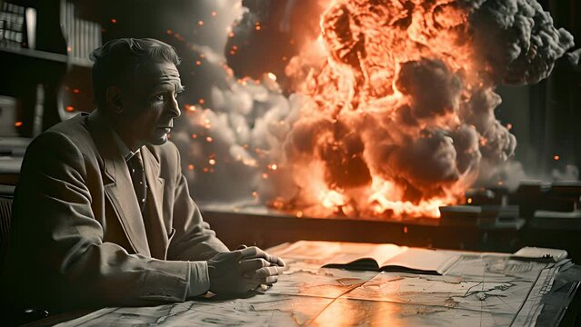 Julius Robert Oppenheimer sits at his desk watching a nuclear explosion. He is often called the "father of the atomic bomb".