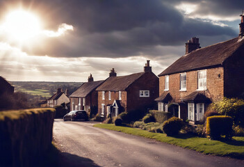 'Dramatic clouds homely warm bursting background give houses countryside colours effect British...