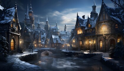 Snowy old town at night. Panoramic view of old town in winter.