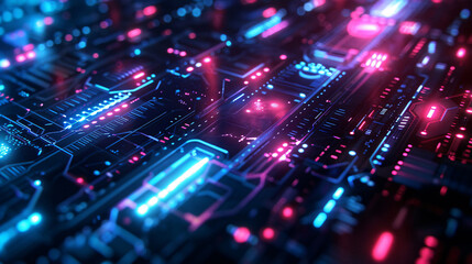 Obraz premium Close-up portrayal of a circuit board's pulsating lights and intricate pathways, embodying the heartbeat of technology.