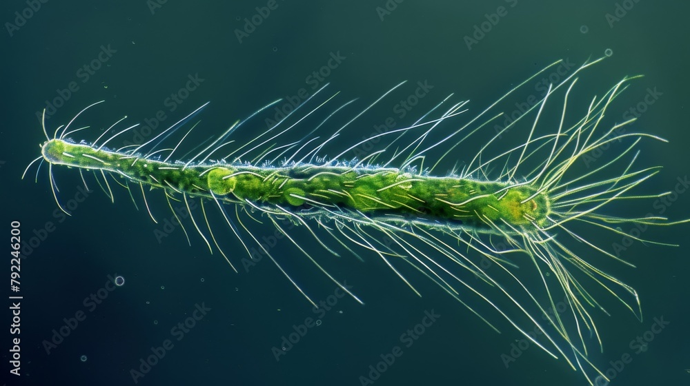 Poster a microscope image of a single algal cell with long slender strands of hairlike structures extending
