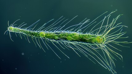 A microscope image of a single algal cell with long slender strands of hairlike structures extending from its surface known as flagella.