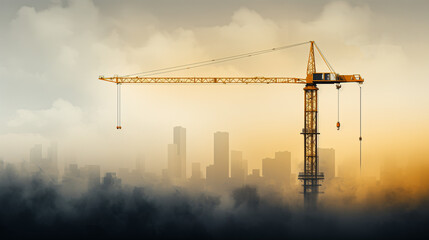 A large yellow construction crane stands in the middle of a foggy city.
