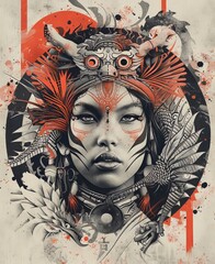 Face of Woman Tribe Poster in Red and white